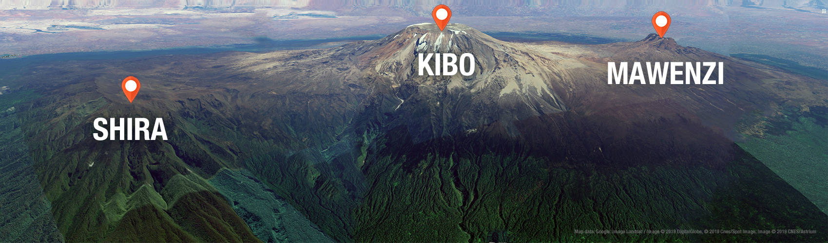 Mount Kilimanjaro, Africa's highest peak, showing its three volcanic cones: Kibo, Mawenzi, and Shira